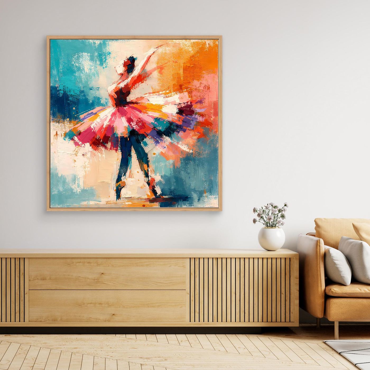 Abstract ballerina canvas wall art with gold frame, multicolor tutu and teal orange colors