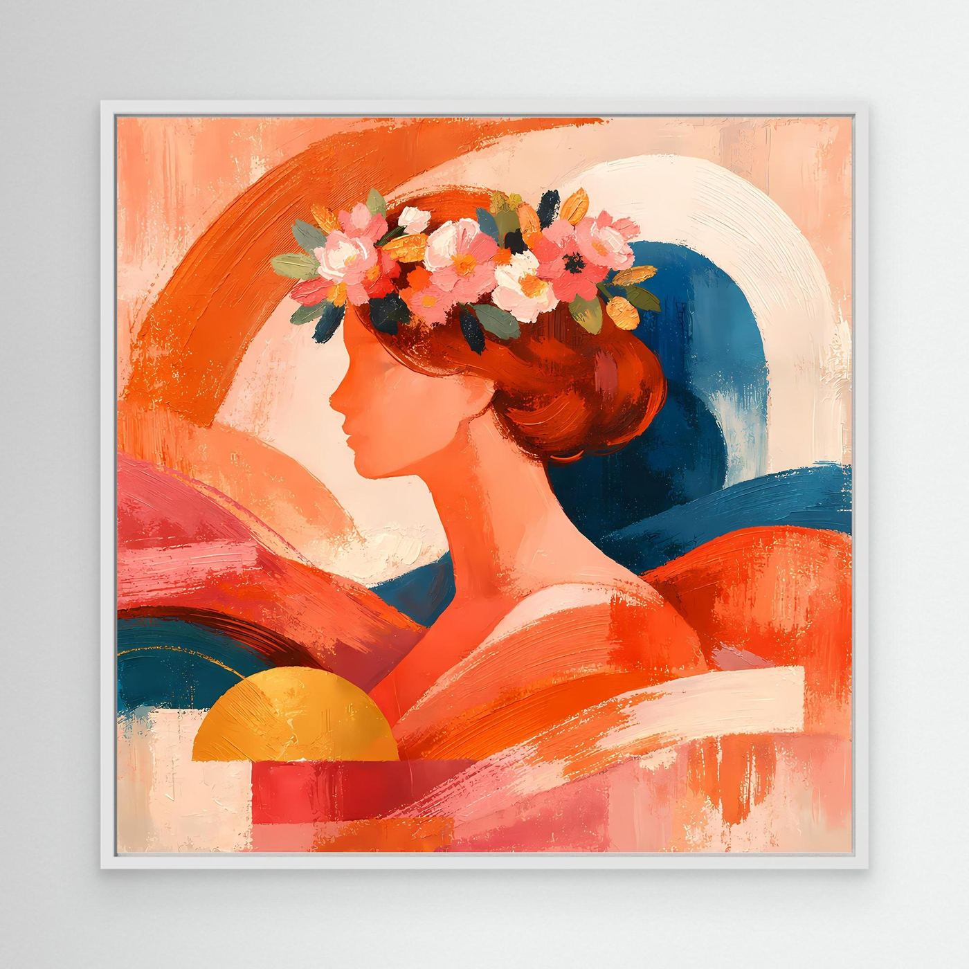 Leinwandbild mit hellem Rahmen: abstraktes Frauenporträt im Profil, Blumen im Haar, Orange/Blau.