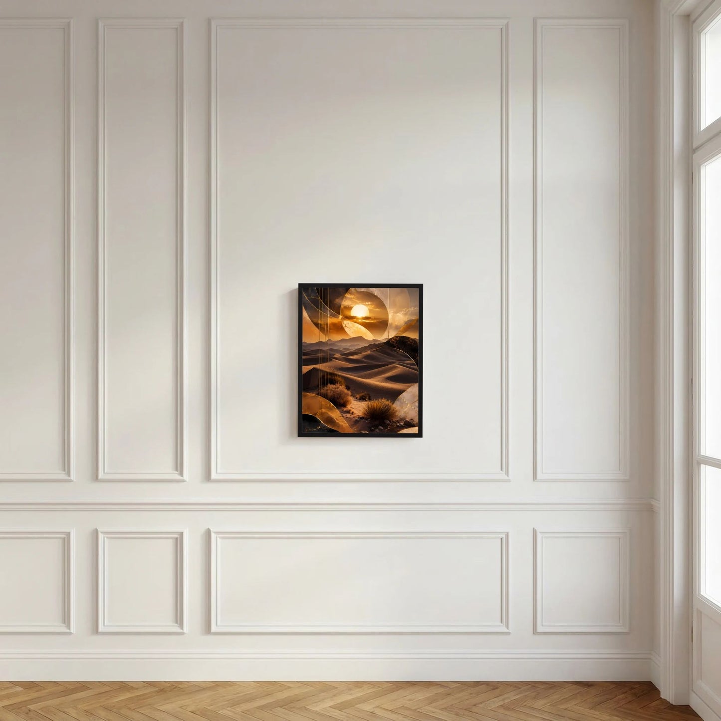 Kleines Wandposter im schwarzen Rahmen mit goldener Wüstenlandschaft und Sonnenmotiv