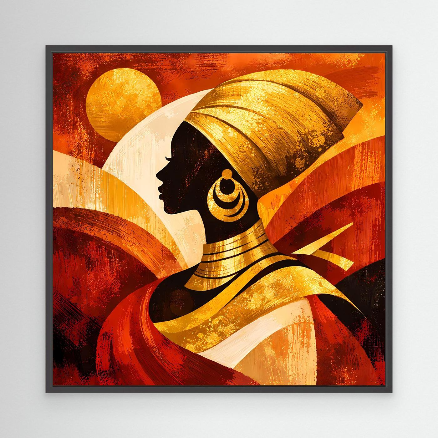 Leinwandbild mit Frauen-Silhouette und goldener Kopfbedeckung, im schwarzen Rahmen
