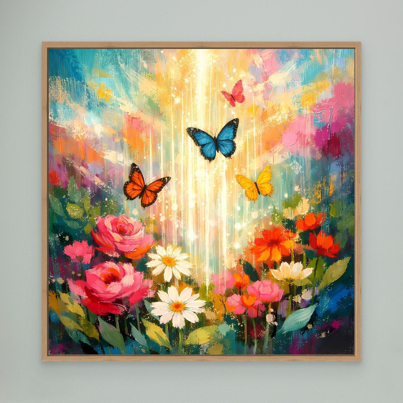 Wandbild mit Eichenrahmen: farbenfrohe Blumen und Schmetterlinge auf abstraktem Hintergrund