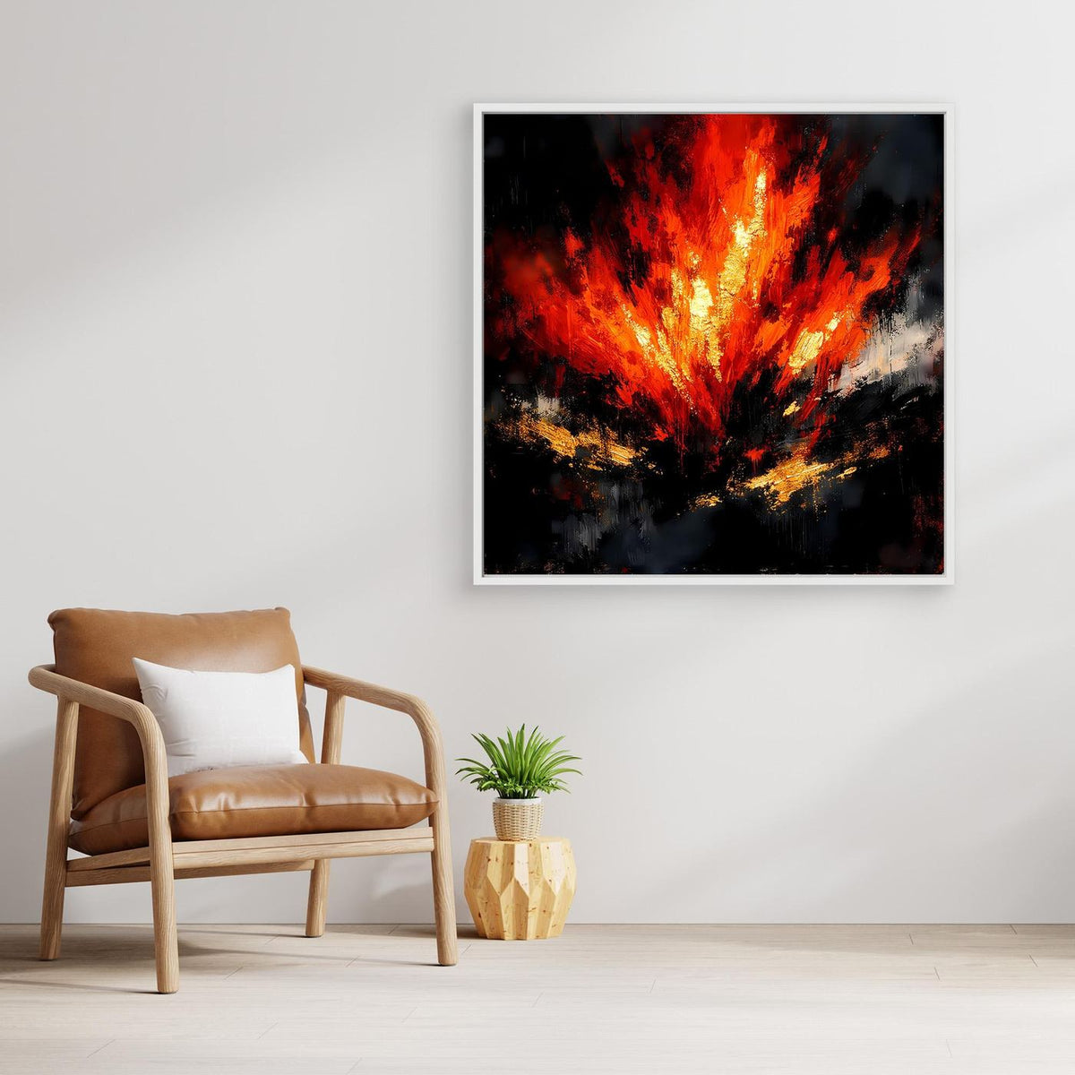 Leinwand-Wandbild: abstraktes Feuer in Rot/Orange, hellgraue Umrandung auf dunklem Grund