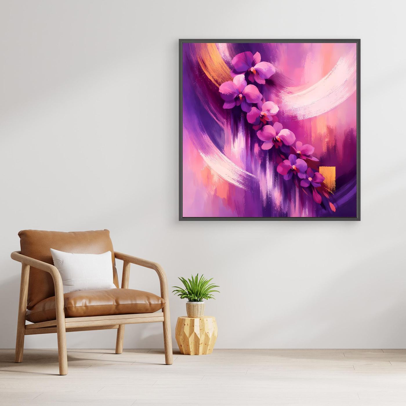 Abstraktes Orchideen-Leinwandbild mit schwarzem Rahmen in Lila und Pink