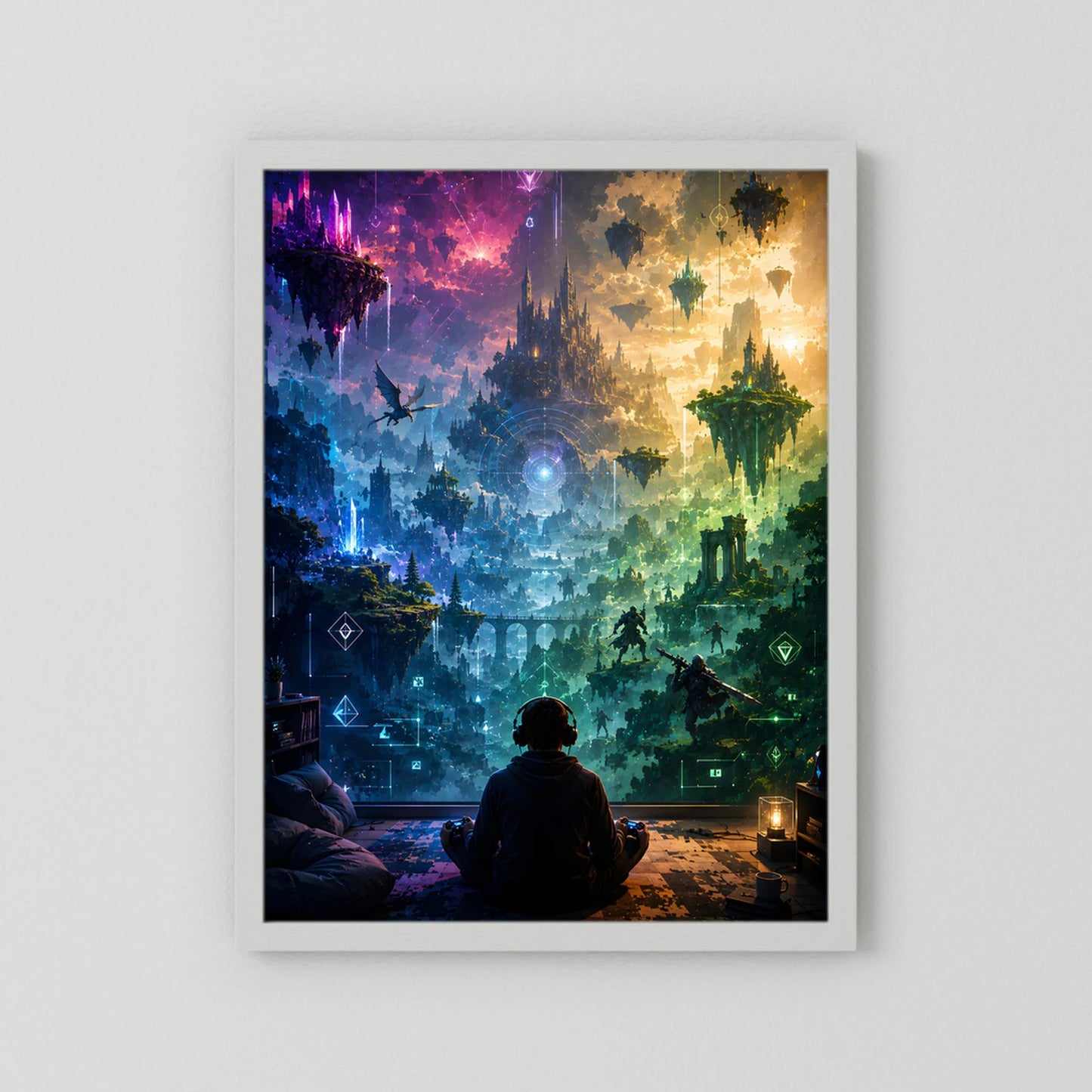 Kunstposter im weißen Rahmen, Fantasy-Gaming-Szene mit schwebenden Inseln und Lichtern