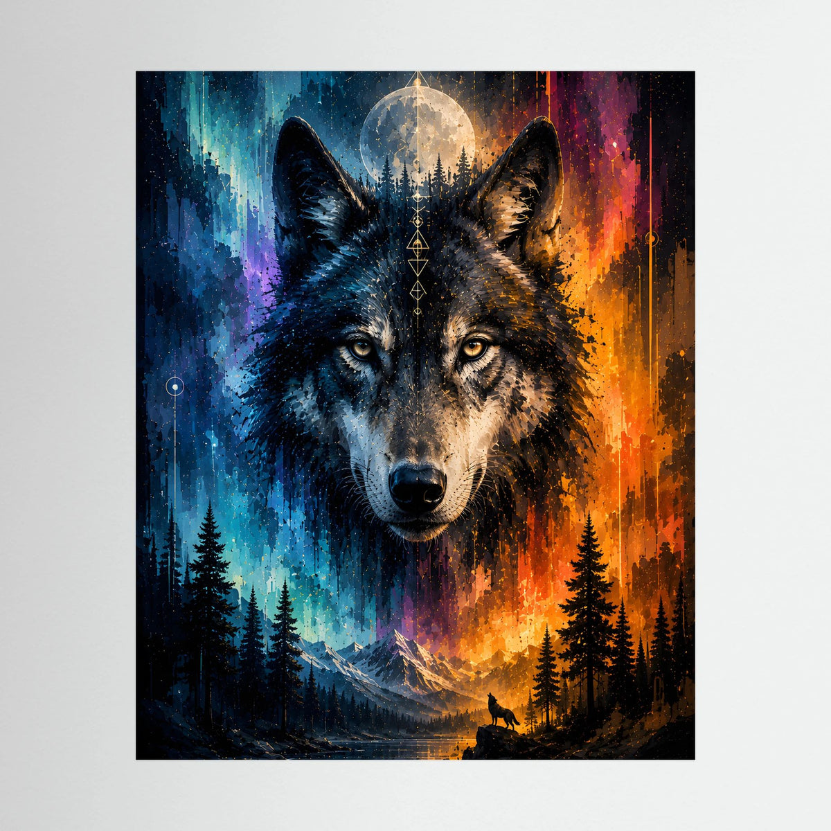Wolfsposter: zwei Wölfe vor Mond, blau-oranger Waldszene