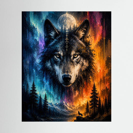 Wolfsposter: zwei Wölfe vor Mond, blau-oranger Waldszene