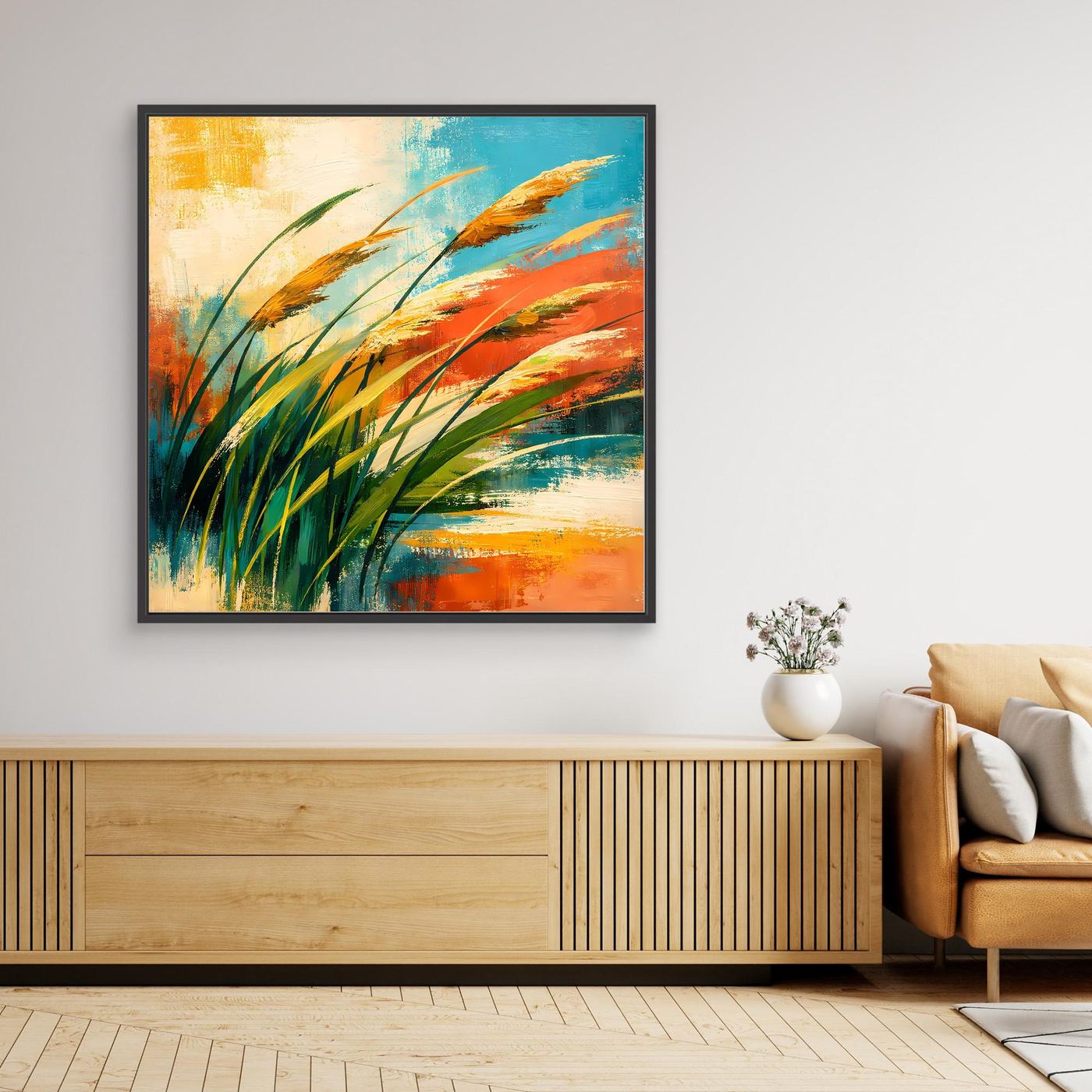 Wandbild mit abstrakten Gräsern in warmen Farben, schwarzer Rahmen