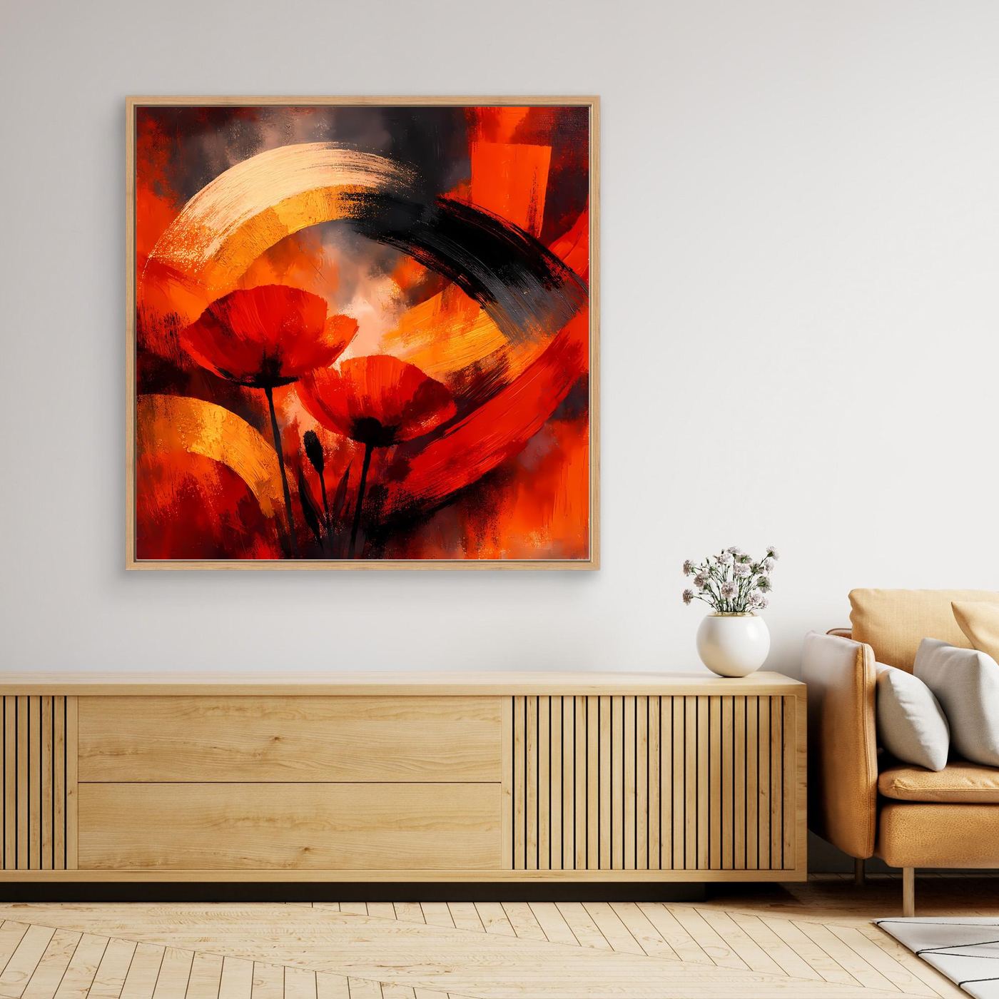 Leinwandbild mit abstrakter Mohnblüte in Rot, Schwarz und Gold, mit braunem Holzrahmen