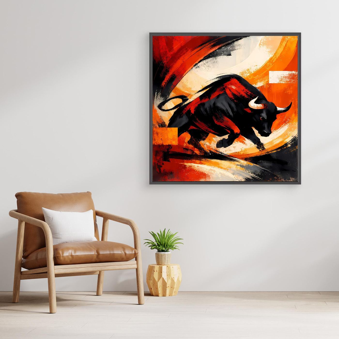 Gerahmtes Leinwandbild mit schwarzem Stiermotiv und kontrastreichen Rot-Orange-Verläufen
