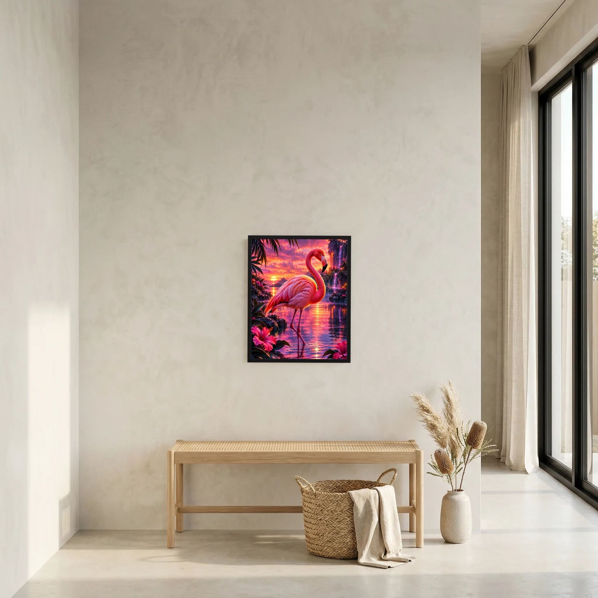 Wandposter mit pinkem Flamingo, Tropenwasser und Wasserfall-Motiv im kleinen Rahmen