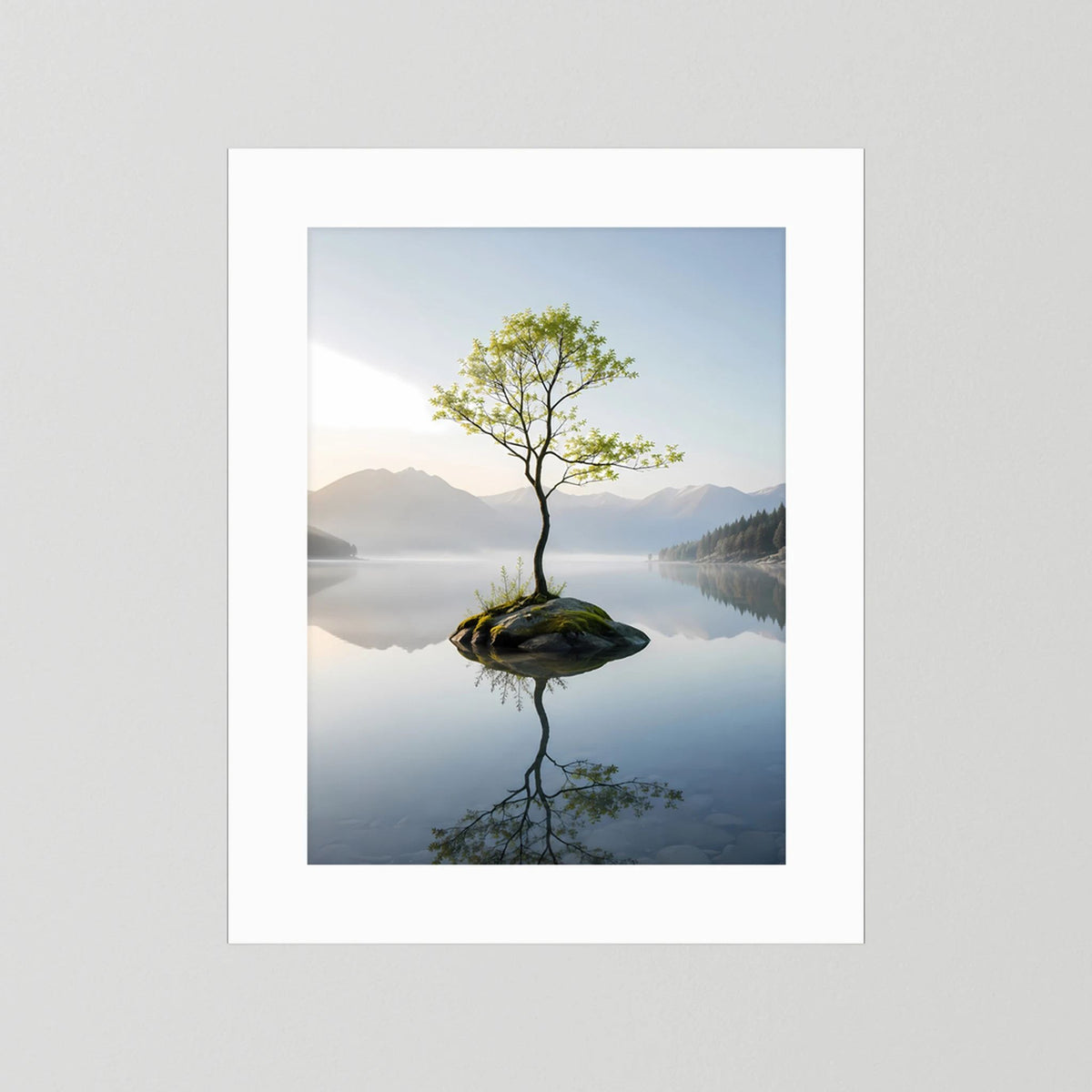 Hochformat-Poster ohne Rahmen: einsamer Baum auf Felsen im ruhigen Bergsee
