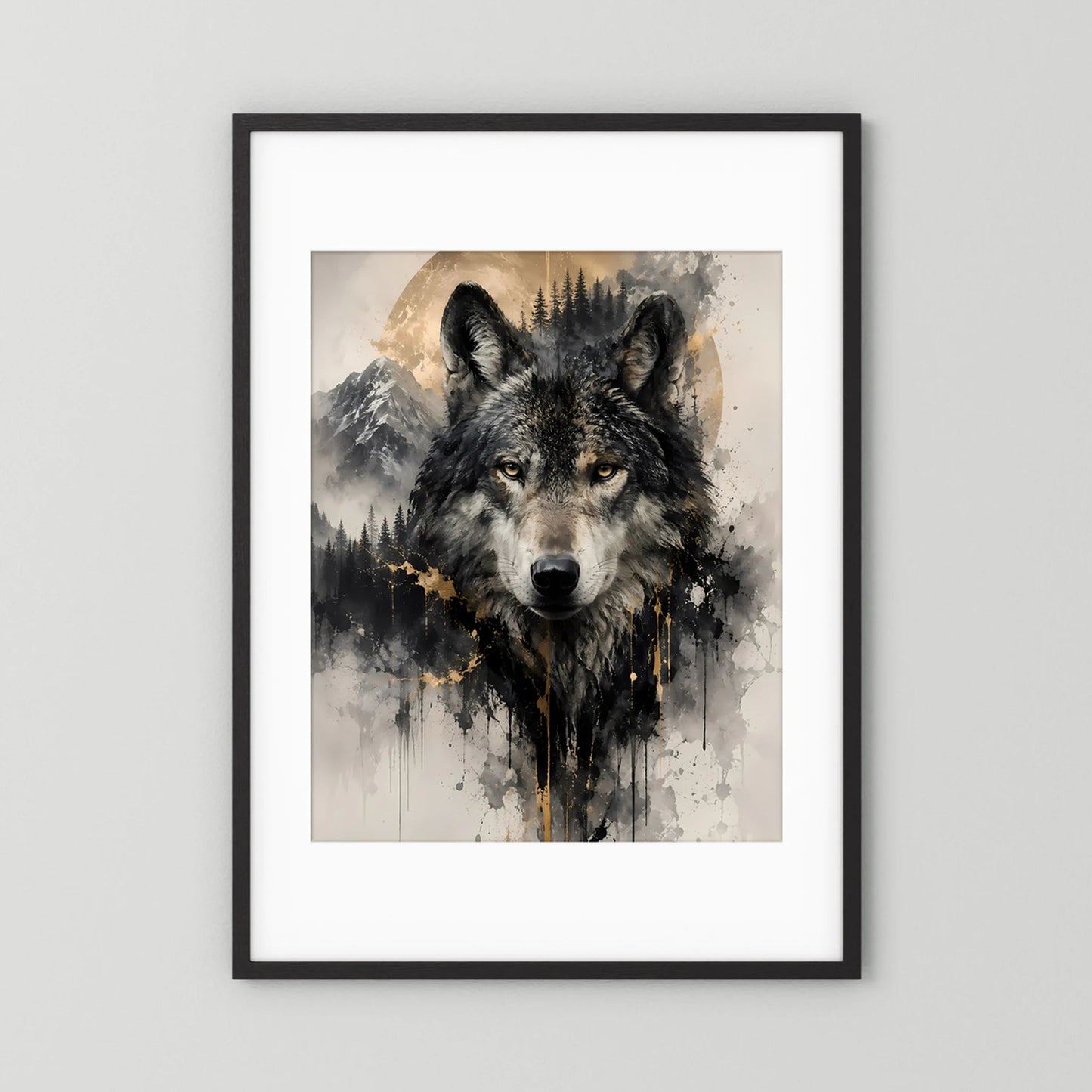 Gerahmtes Wolfposter mit schwarzem Rahmen und weißem Passepartout, Wolfkopf