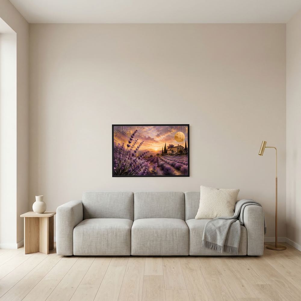 Wandposter im Querformat: Lavendelfeld, Landhaus und Sonnenuntergang, großer goldener Mond, Rahmen.