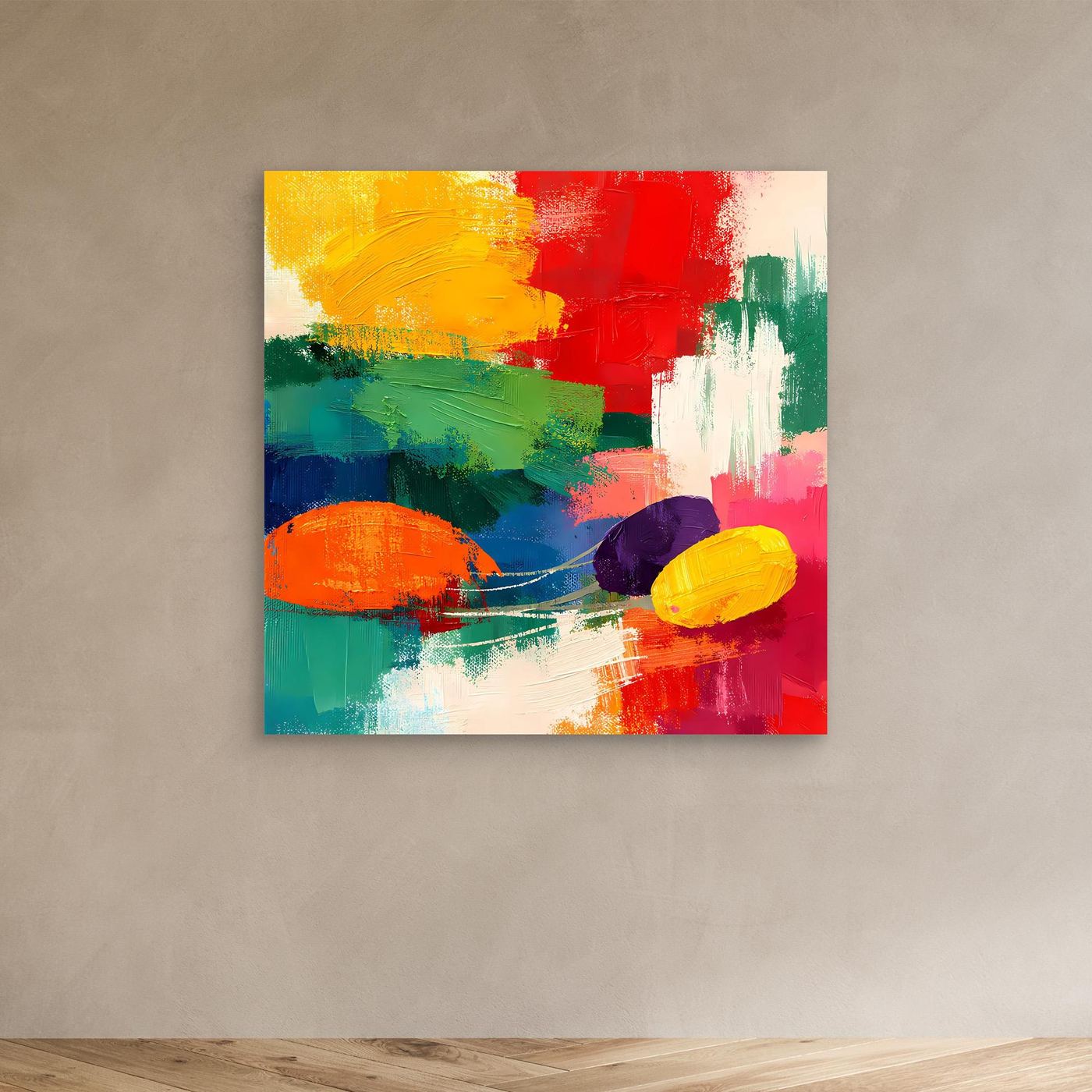 Abstraktes Leinwandbild mit kräftigen Farbklecksen in Rot, Gelb, Grün, Blau und Weiß
