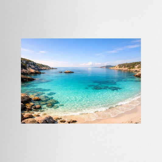 Meerstrand-Poster quer: türkisblaues Wasser, Sandstrand und Felsen ohne sichtbare Rahmung.