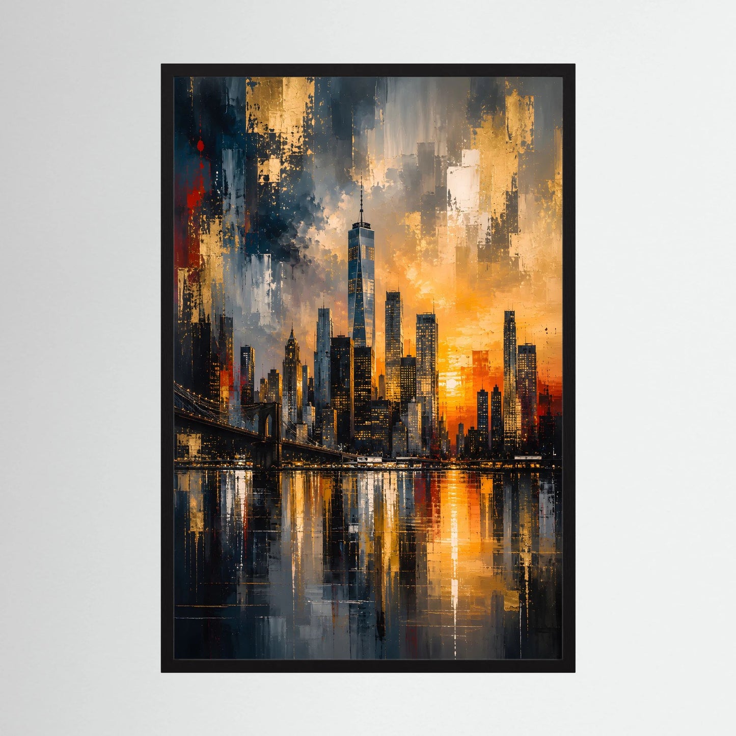 Poster im schwarzen Rahmen mit abstrakter Skyline, Gold- und Schwarztönen, Spiegelung