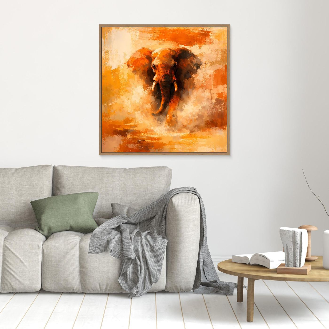 Leinwand Abstraktes Elefanten Gemälde | Modernes Kraftvolles Tier Wandbild Orange Ocker