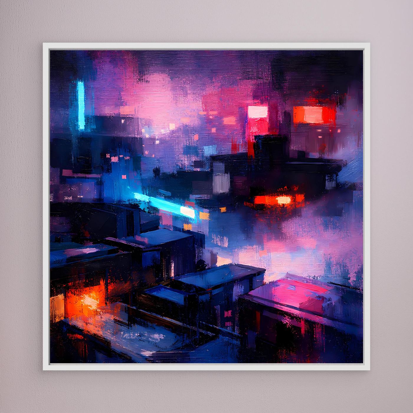 Leinwand Cyberpunk City bei Nacht | Modernes Neon-Dystopie Wandbild auf echter Leinwand