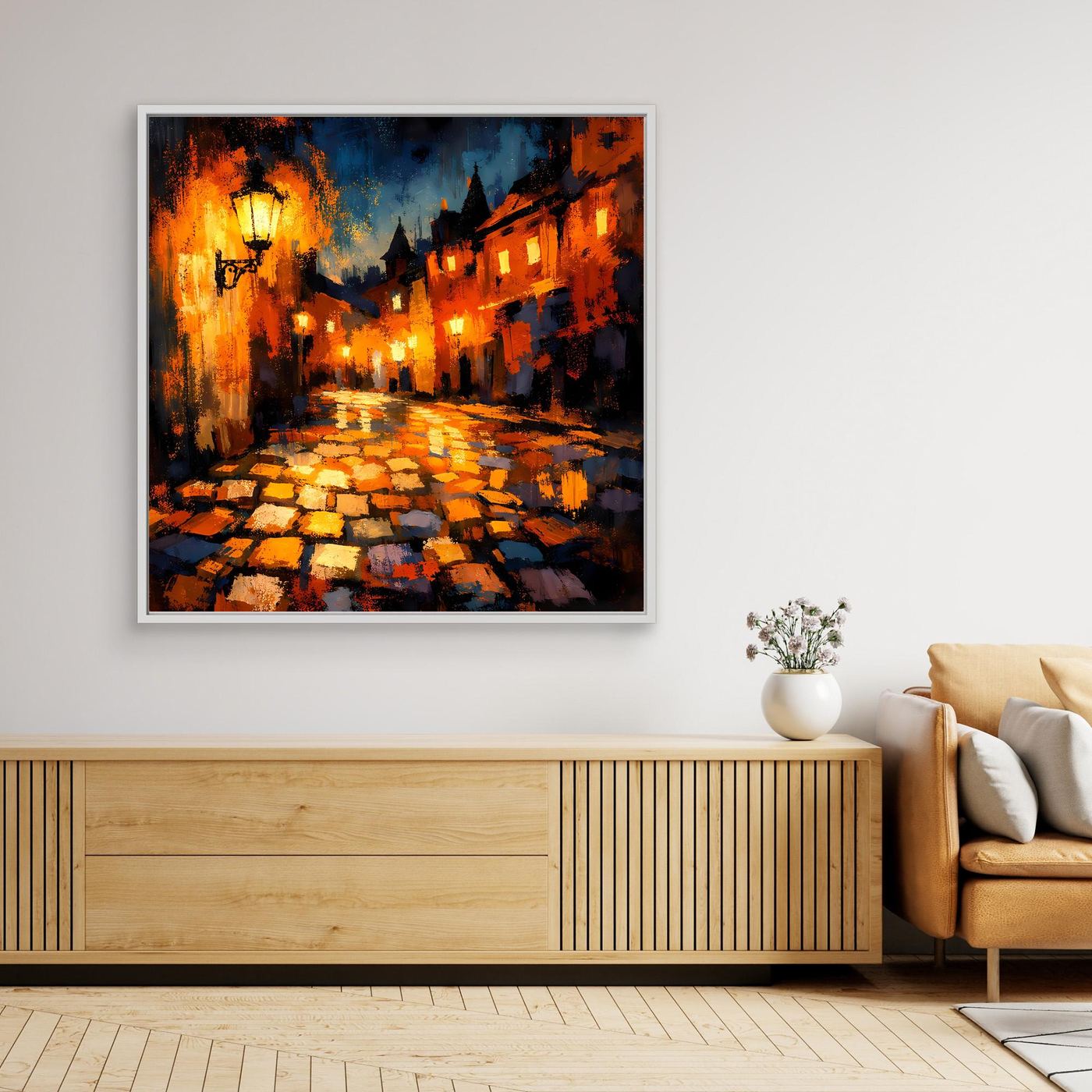 Leinwand Abstraktes Altstadt Gemälde | Modernes Romantisches Gassen Wandbild bei Nacht