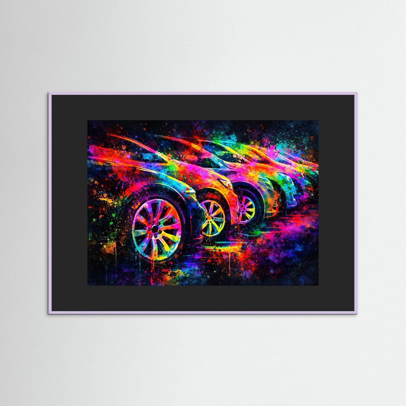 Wandbild mit mehrfarbigen Sportwagen und dunkelgrauem Rahmen