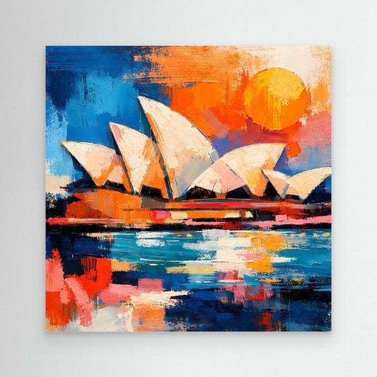 Abstract Sydney Opera House wall art canvas with blue water and orange sun, white sails