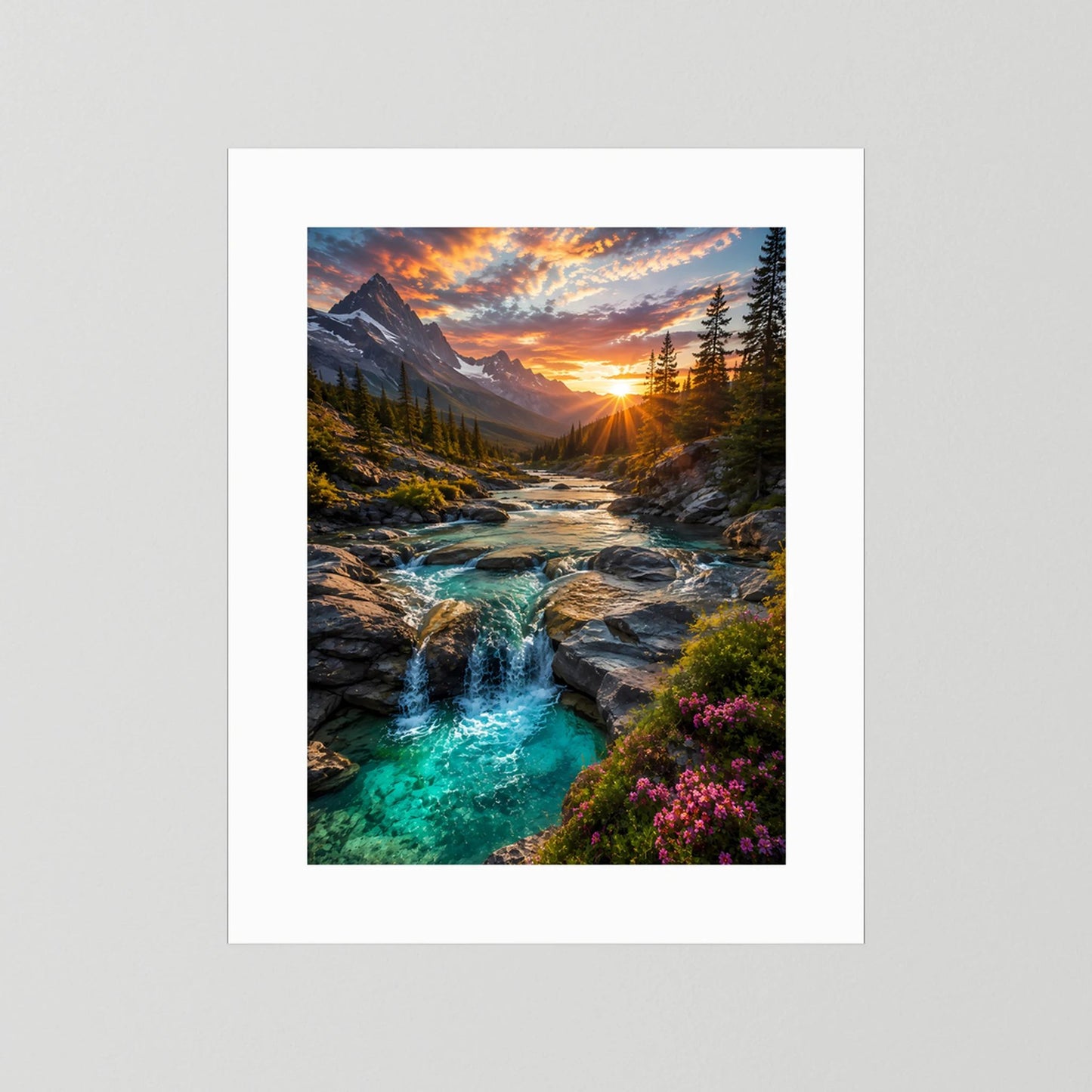 Hochformat-Poster mit türkisem Wasserfall im Alpen-Tal bei Sonnenuntergang, weißer Passepartoutrahmen