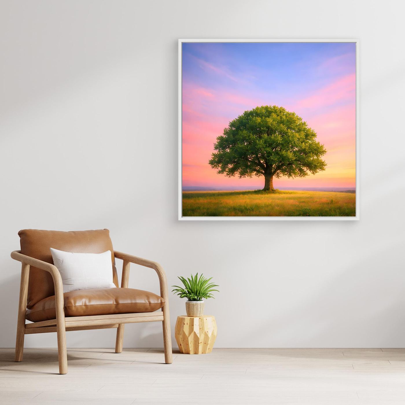 Leinwandbild: Baum auf Wiese bei Sonnenuntergang, silberner Rahmen