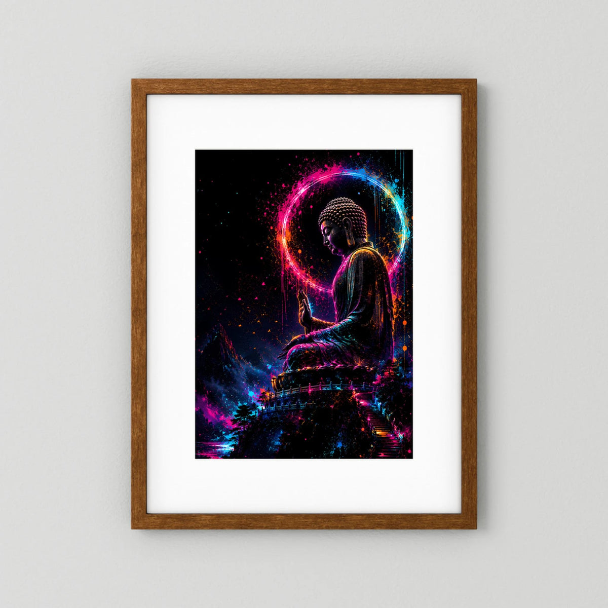 Hochformatiges Buddha-Kunstposter mit Neonkreis um die sitzende Figur, Holzrahmen braun