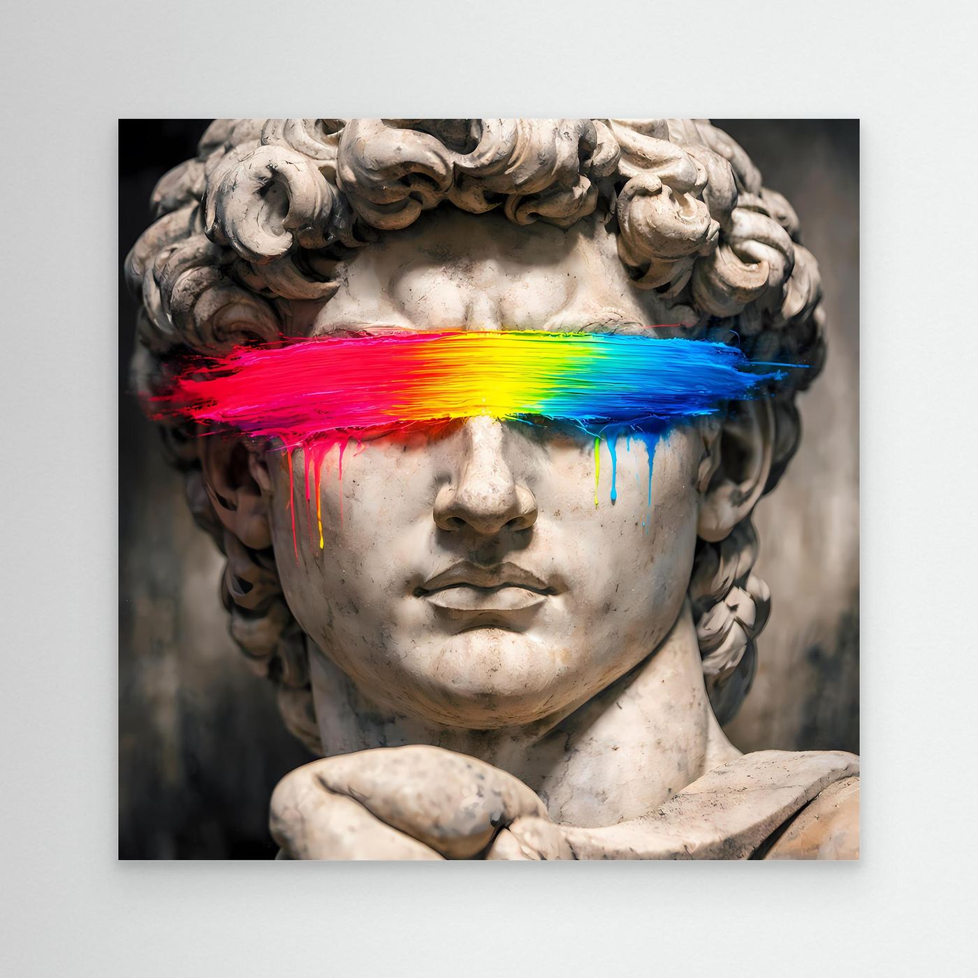 Leinwandbild mit David-Statue, Regenbogen-Farbbalken über der Stirn