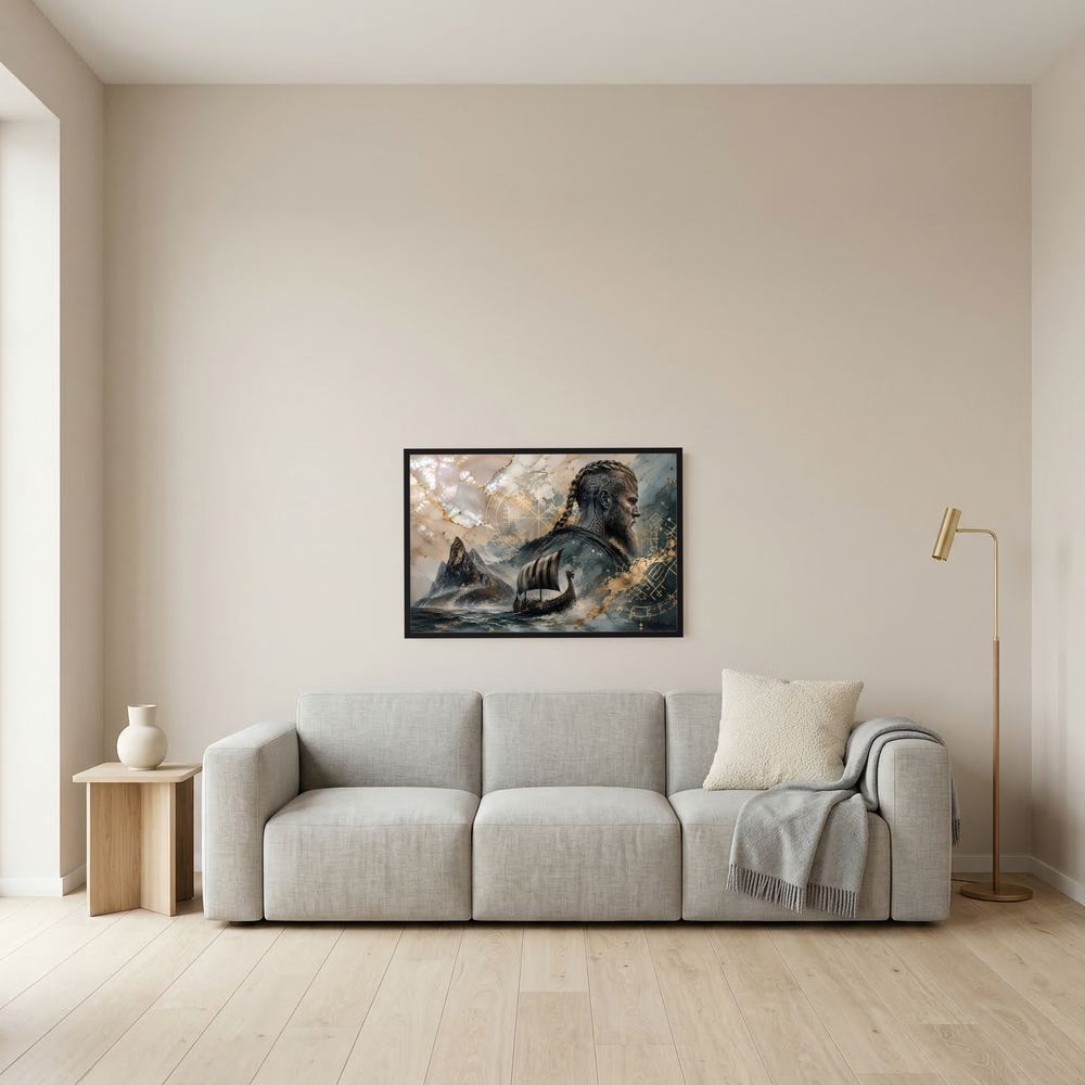 Wand-Poster mit schwarzem Rahmen: Wikinger am Boot und goldene Runenmuster
