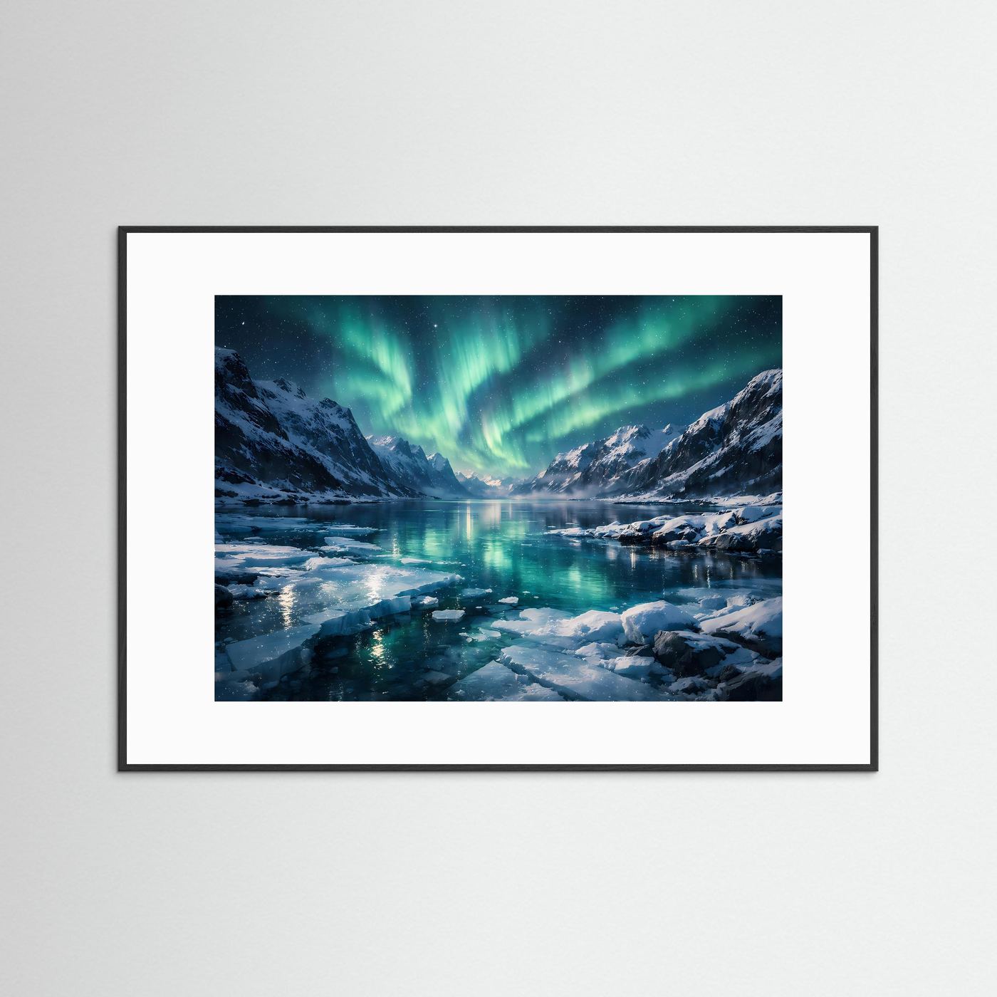 Magische Polarlichter über verschneitem Fjord | Nordlichter Panorama Wandbild & Kunst Poster Querformat