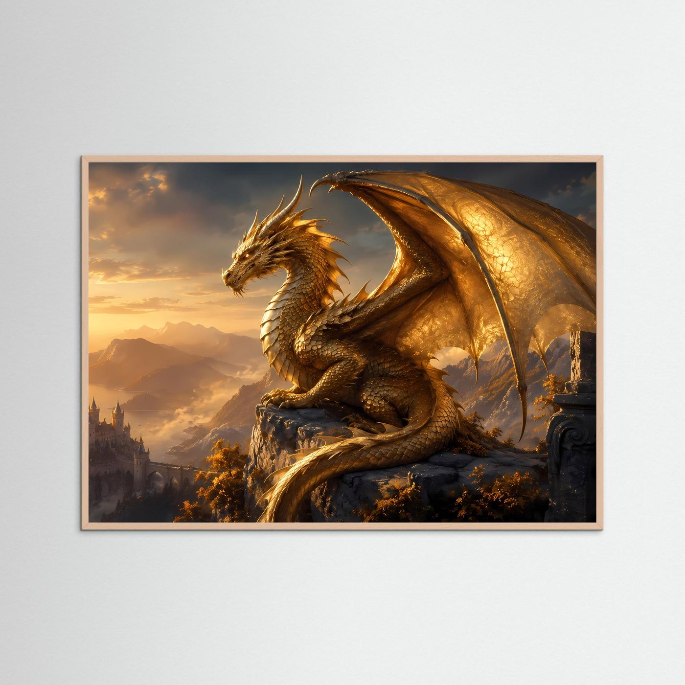 Fantasy-Wandkunst mit Holzrahmen: goldener Drache mit Flügeln auf Felsvorsprung über Burg
