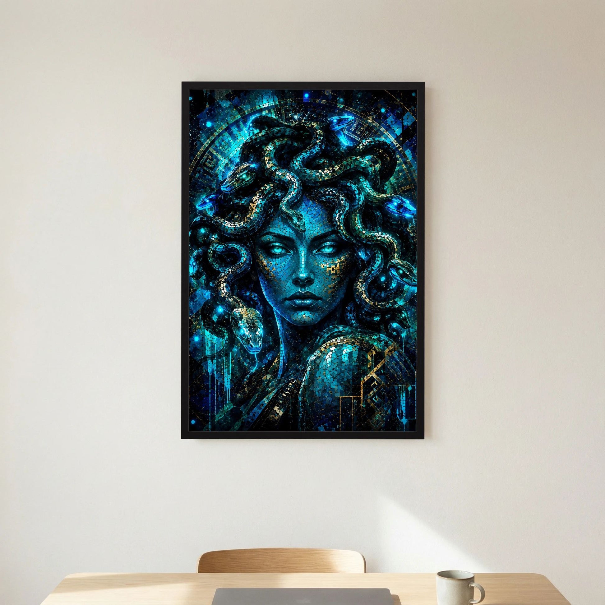 Medusa in Blau & Gold | Mystische Mosaik Kunst | Poster Hochformat