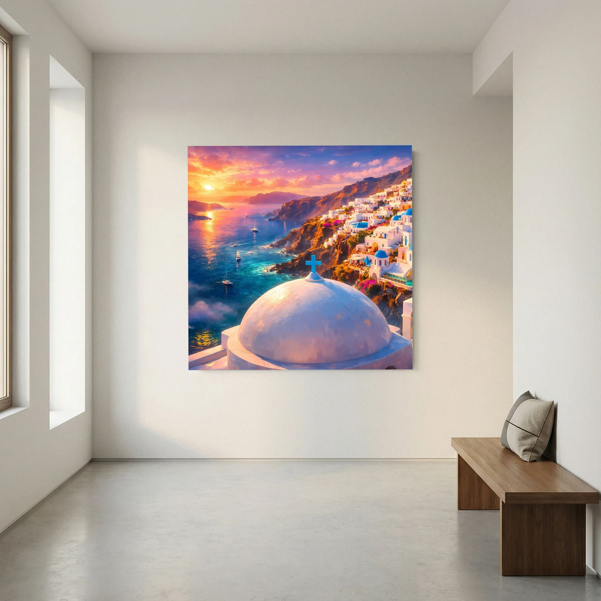 Leinwandbild mit Küstenlandschaft: weiße Kuppelkirche mit Kreuz bei Sonnenuntergang, quadratisch