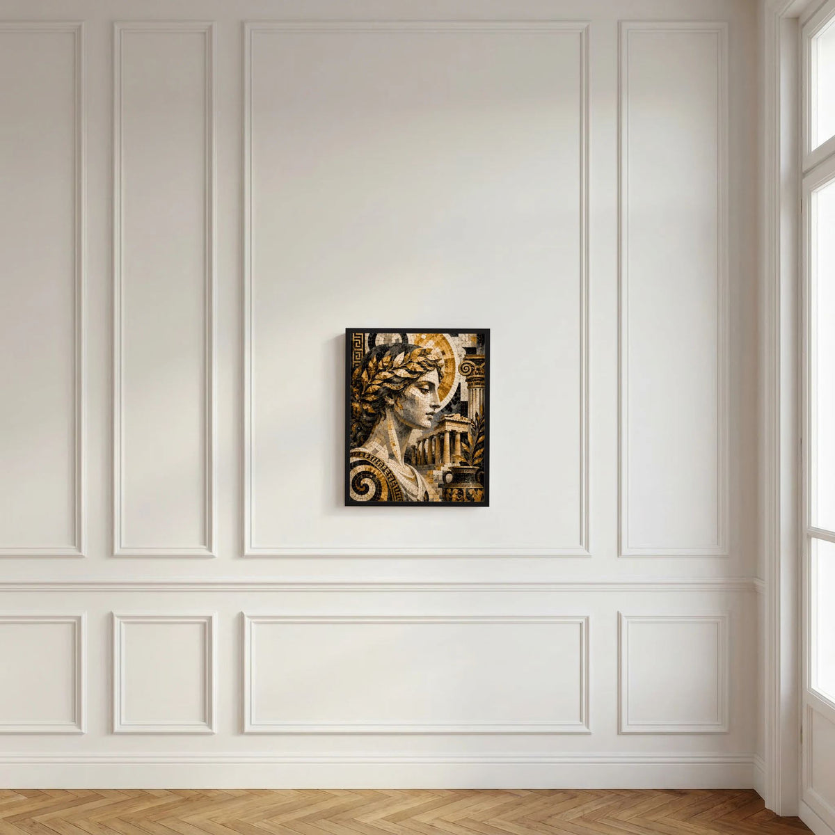 Gerahmtes Mosaikposter mit Porträt der griechischen Göttin in Gold und Schwarz