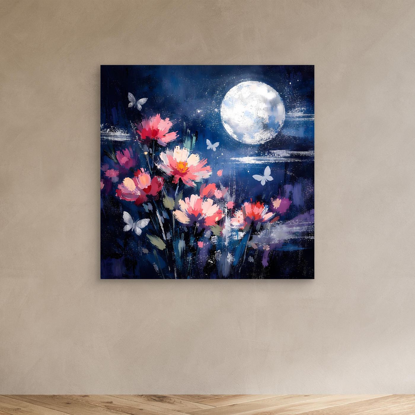 Abstraktes Leinwand-Wandbild ohne Rahmen: pinke Blüten, großer heller Mond, Schmetterlinge