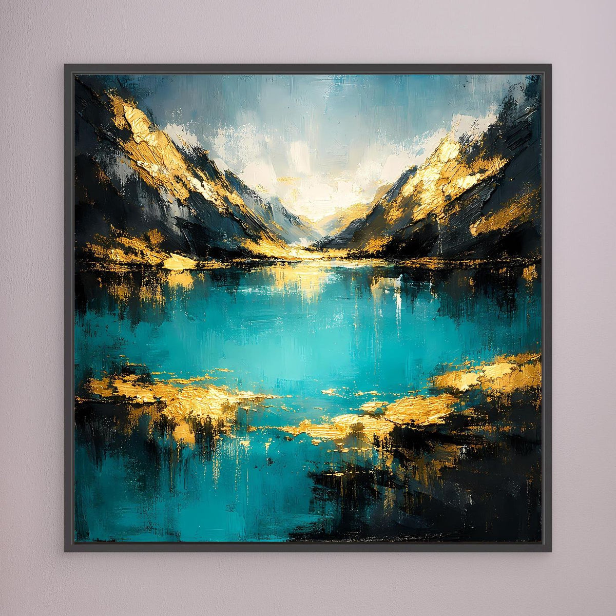 Abstraktes Leinwand-Wandbild mit türkis-goldenem Bergsee im schwarzen Rahmen
