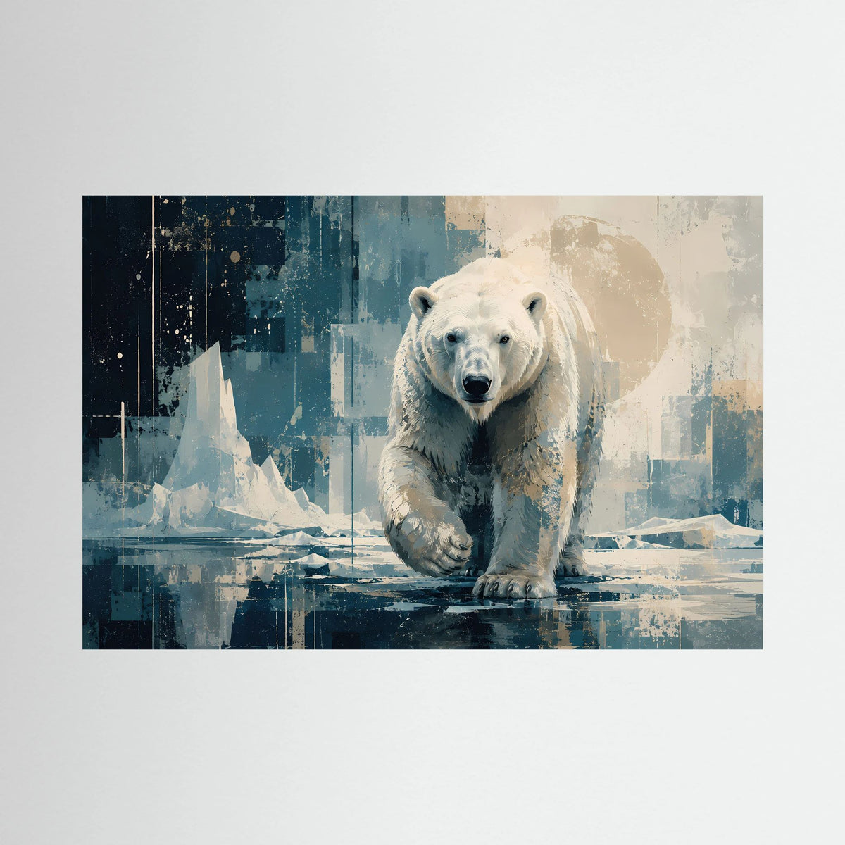 Querformat-Poster: Eisbär im blau-beigen Abstraktstil mit hellem Kreislicht hinter dem Kopf.