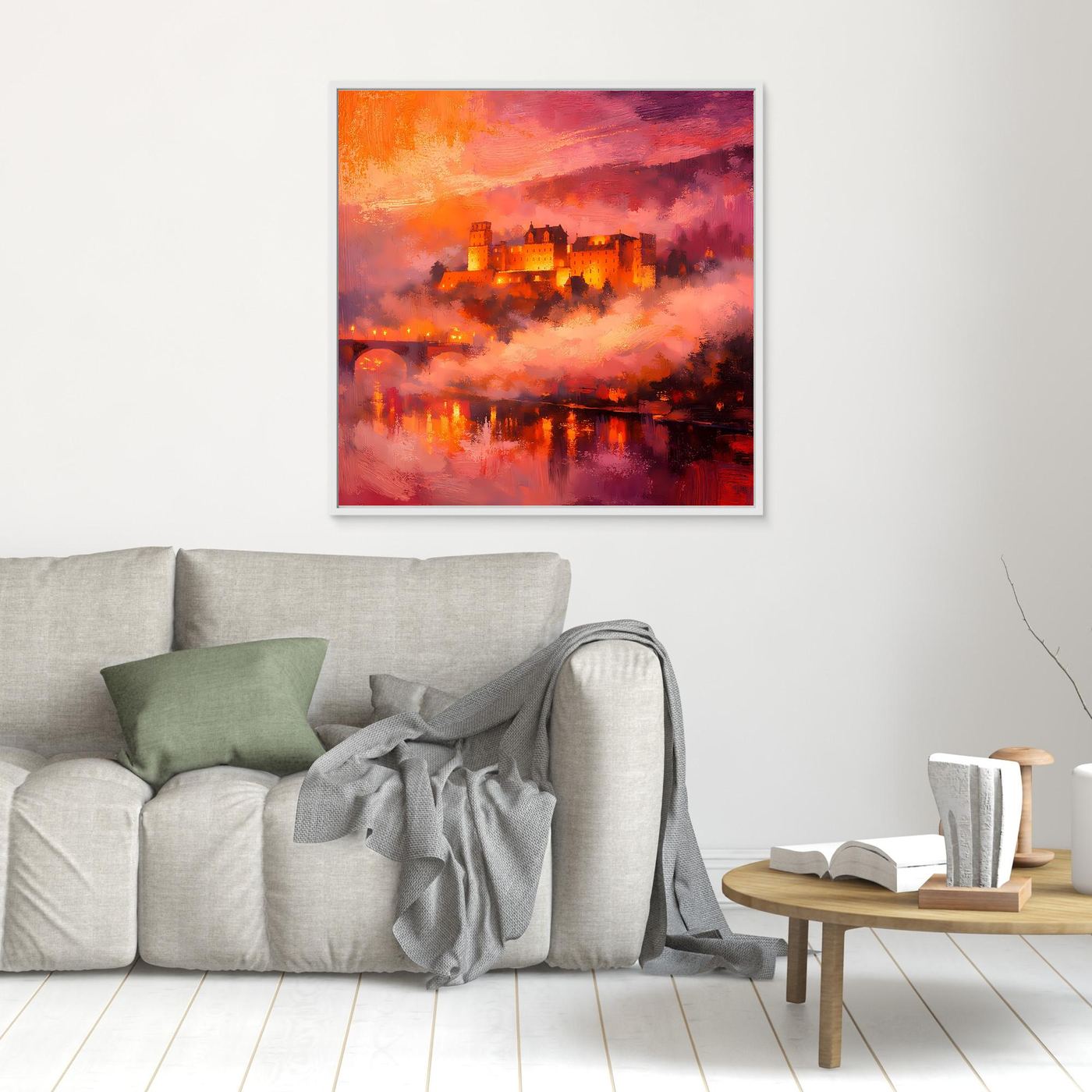Premium Leinwand Imposantes Schloss im Abendrot | Abstraktes Castle Wandbild in feurigen Farben