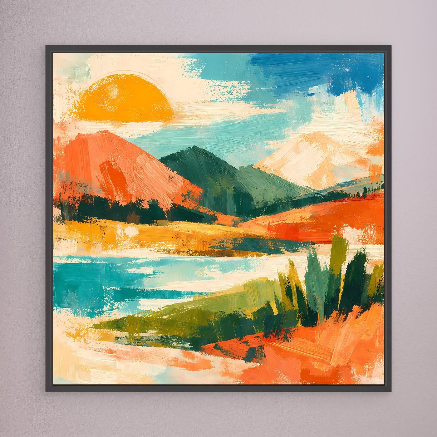 Schwarzes gerahmtes abstraktes Leinwand-Wandbild mit See, Hügeln und gelber Sonne