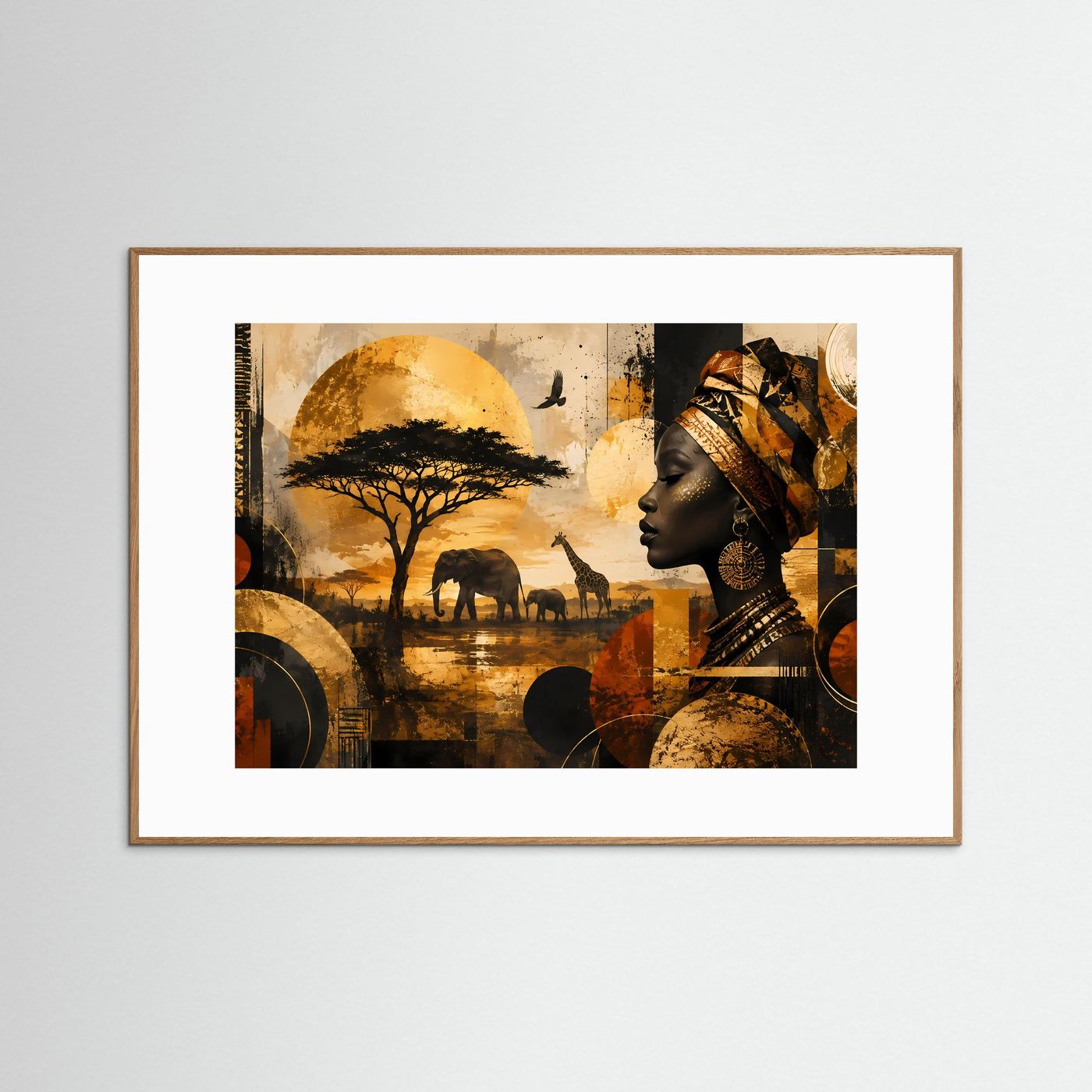 Safari-Poster Querformat: Porträt einer Frau mit Wildtieren, goldbraune Collage, hellbraun gerahmt