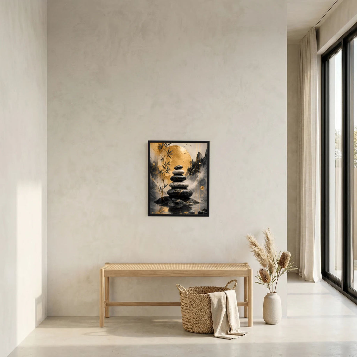 Wandbild im Hochformat mit Stapel dunkler Steine, Bambuszweigen und goldgrauem Abstract-Motiv