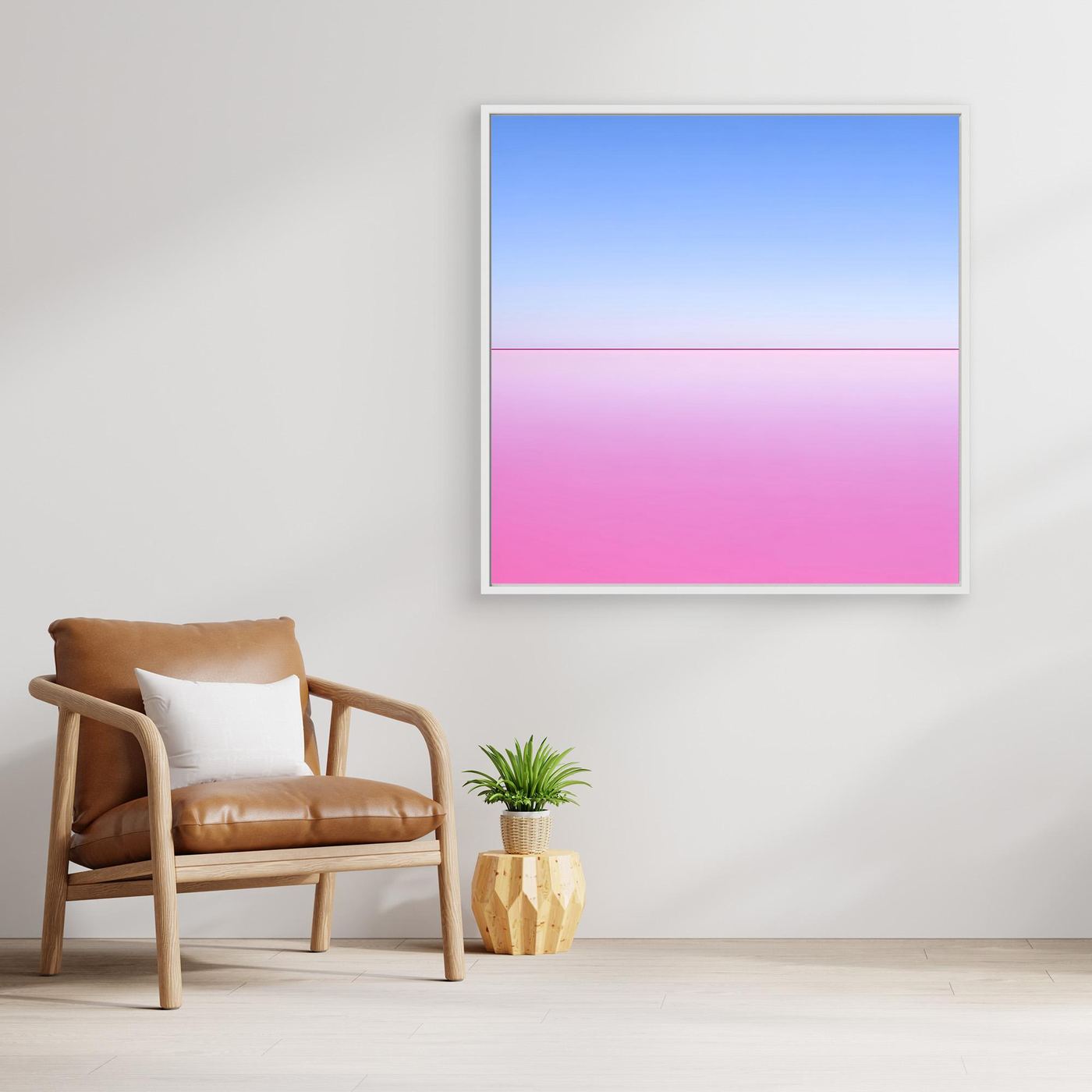Abstraktes Horizont-Leinwandbild mit Blau-Pink-Verlauf, quadratisch, weißer Rahmen