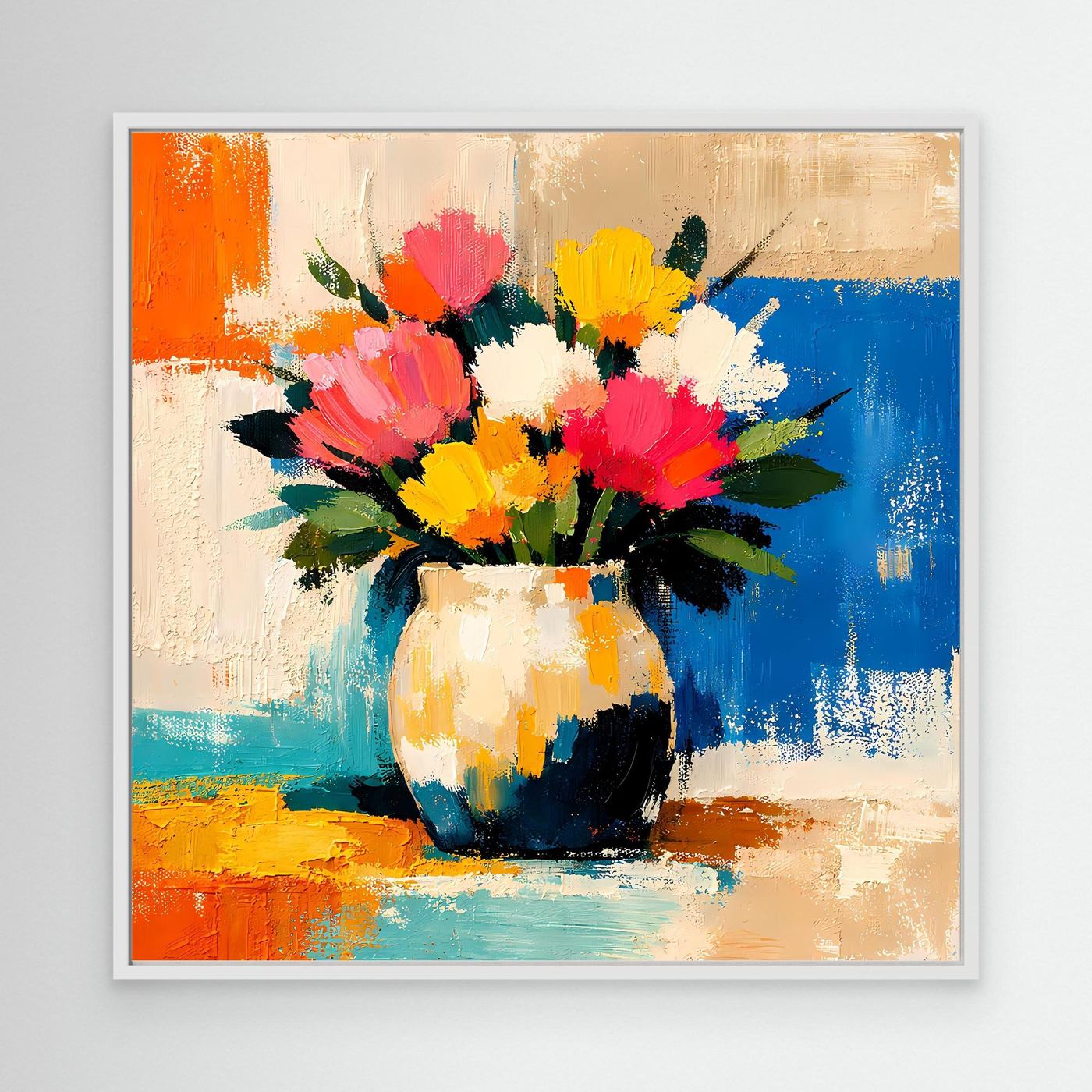 White framed canvas wall art featuring a colorful bouquet in a vase, abstract paint