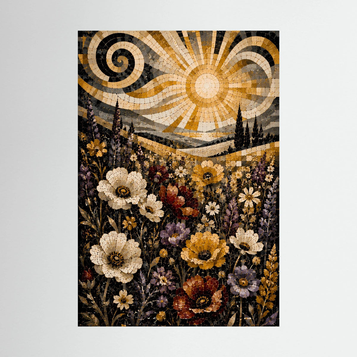 Poster im Mosaikstil mit goldener Sonne, Wirbelwolken und Wildblumen im Landschaftsmotiv