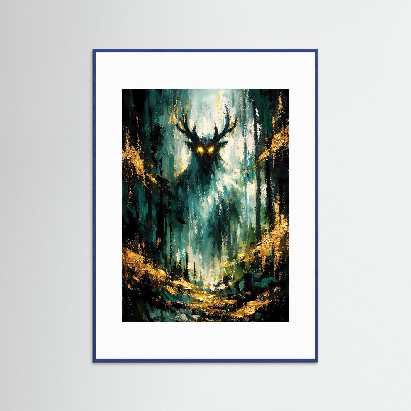 Hochformatiges Waldgeist-Kunstposter mit blauem Holzrahmen und weißem Passepartout
