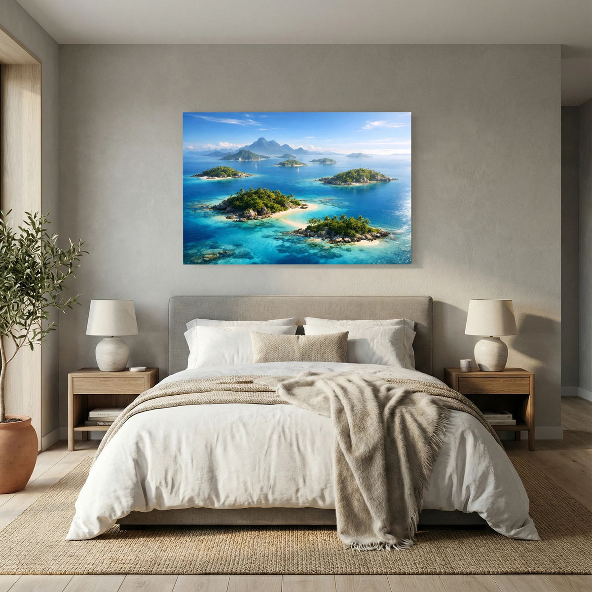 Querformat-Wandbild mit tropischen Inseln im türkisblauen Meer und grünen Küsten