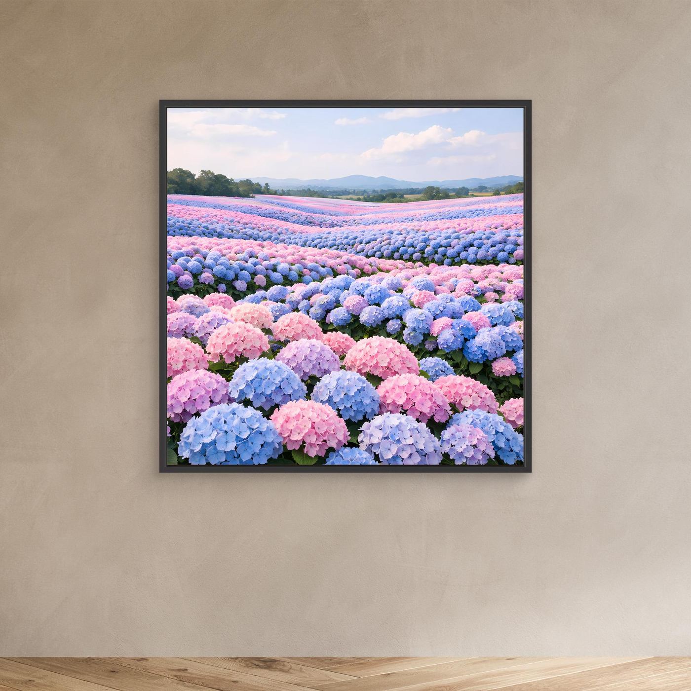 Leinwandbild mit Hortensienfeld in Rosa und Blau, schwarz gerahmt