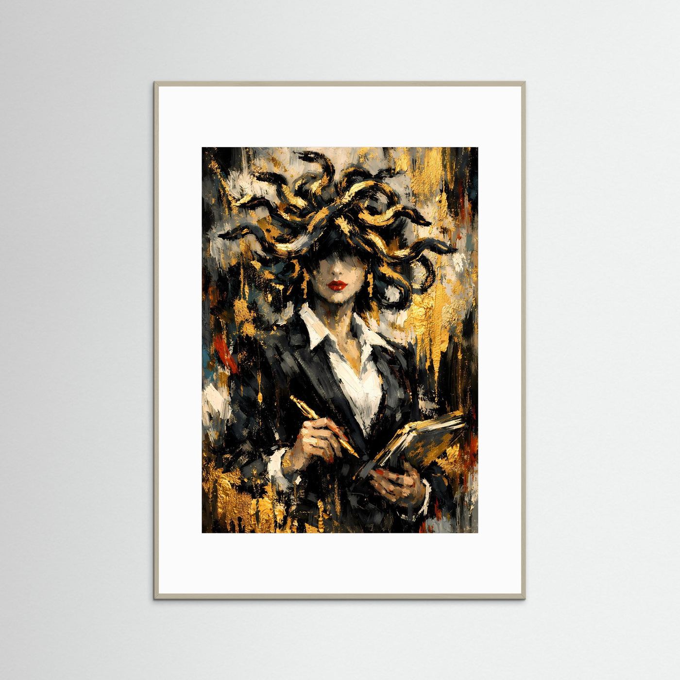 Hochformatiger Kunstdruck mit Medusa-Figur in Gold und Schwarz, im beigem Rahmen