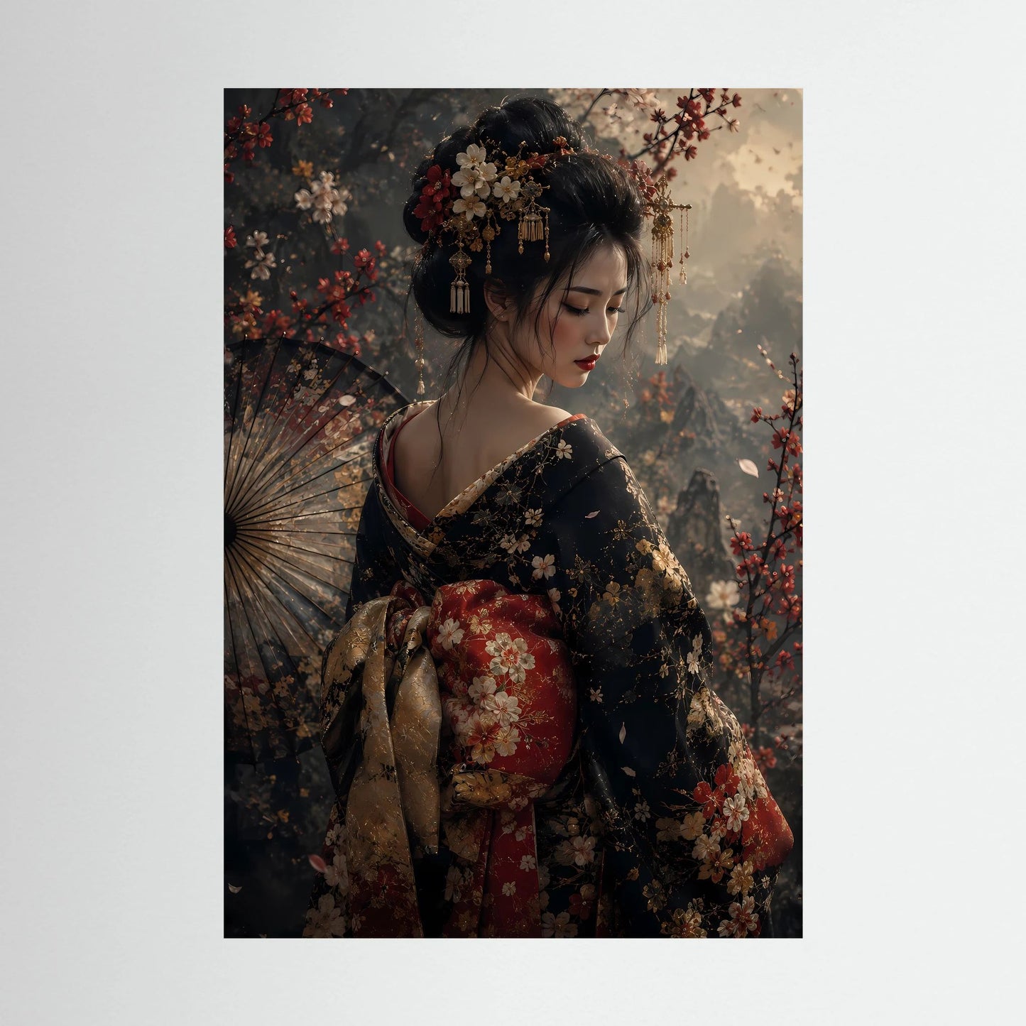 Hochformat-Poster mit Geisha im floralen Kimono, Fächer seitlich, detailreiches Porträt